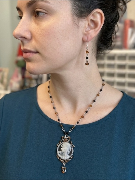 Hand Crafted Jewelry - Hand Crafted Cameo Necklace with Brown and Black Crystals